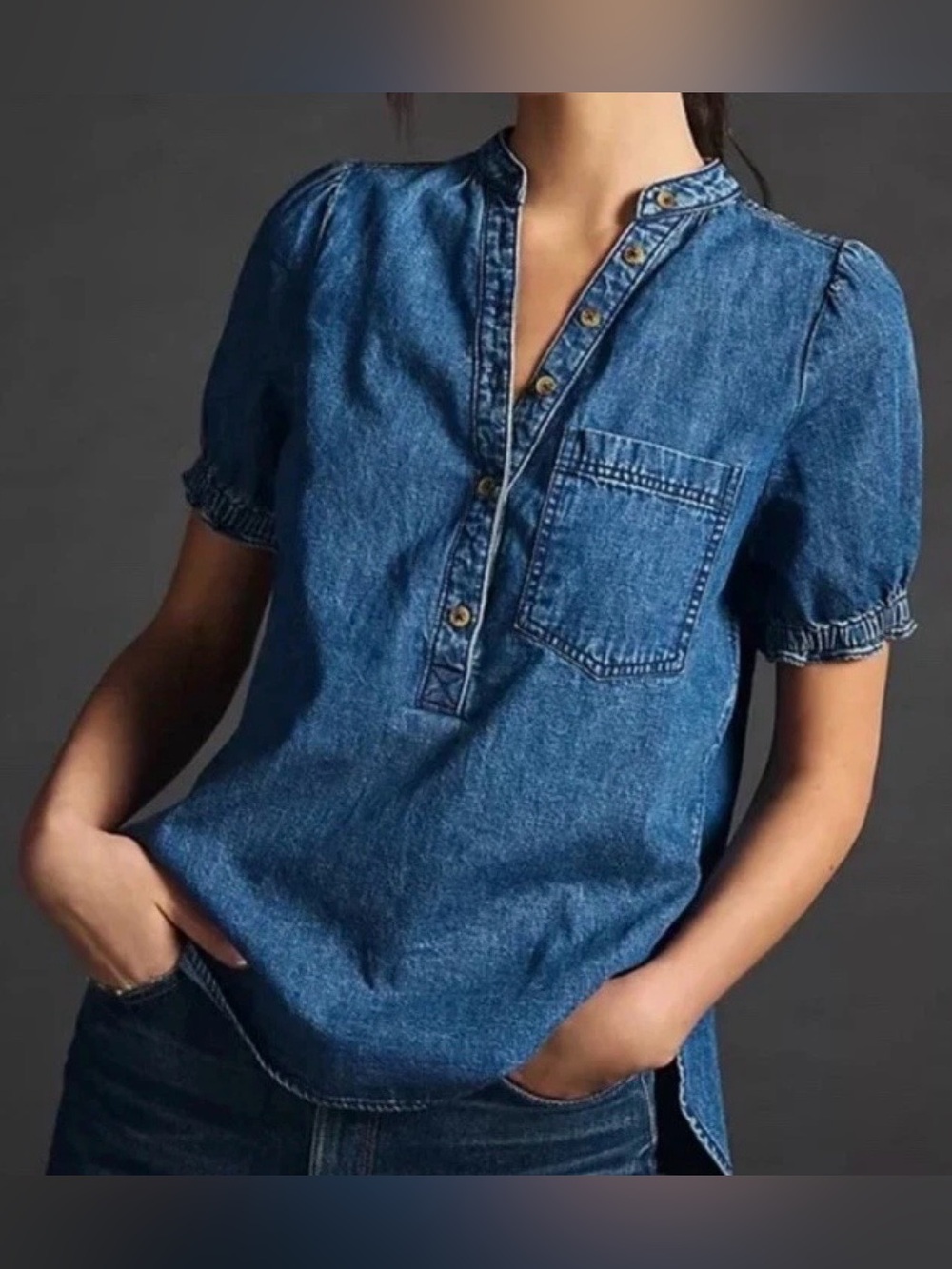 Pilcro Aly Denim Puff Short Sleeve Popover Henley Button Up Top Western Boho XXS